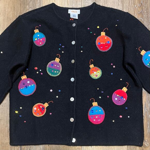 Vtg Talbots 100% Wool Holiday Cardigan Sweater L Embroidered Granny Kitsch Retro - Picture 2 of 10